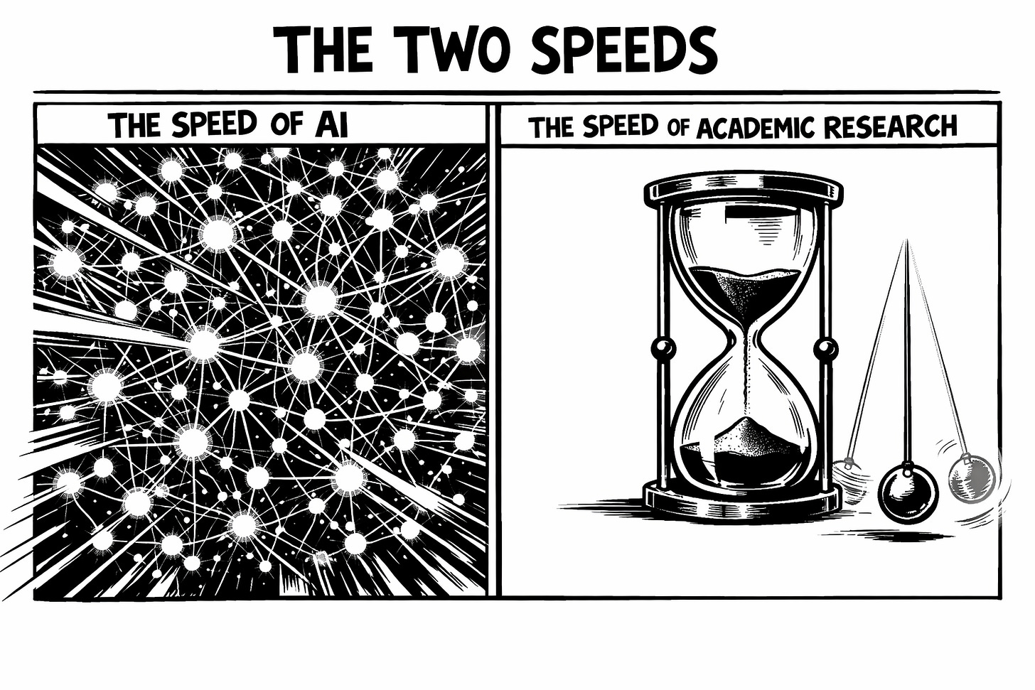 The Two Speeds A split image or two-panel illustration contrasting "The Speed of AI" (a fast, dense, chaotic network of nodes and connections) with "The Speed of Academic Research" (a single, elegant, slow-moving pendulum or hourglass). In a black and white comic book style