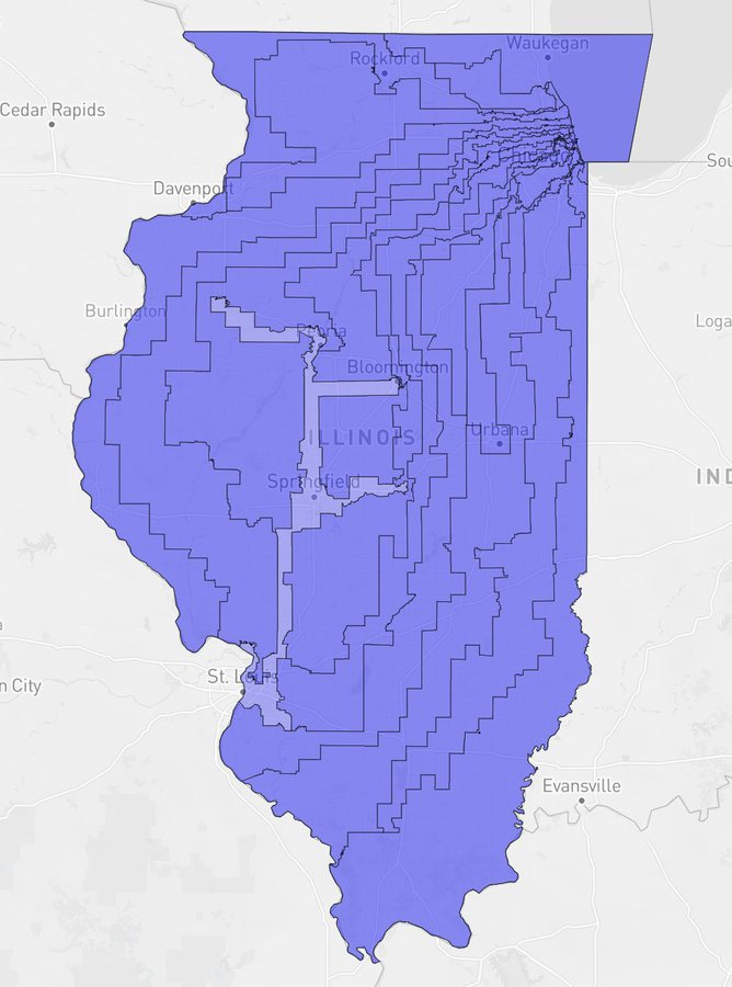 First image displays a map of Illinois with congressional districts outlined in purple, showing irregular, elongated shapes snaking through urban and rural areas, including labels for cities like Chicago, Springfield, Peoria, Rockford, and Quad Cities, bordered by Iowa, Wisconsin, Indiana, Kentucky, and Missouri. Second image shows a map of Alabama with districts in maroon, featuring convoluted boundaries around cities such as Birmingham, Montgomery, Mobile, Huntsville, Tuscaloosa, and Dothan, bordered by Tennessee, Georgia, Florida, and the Gulf of Mexico.