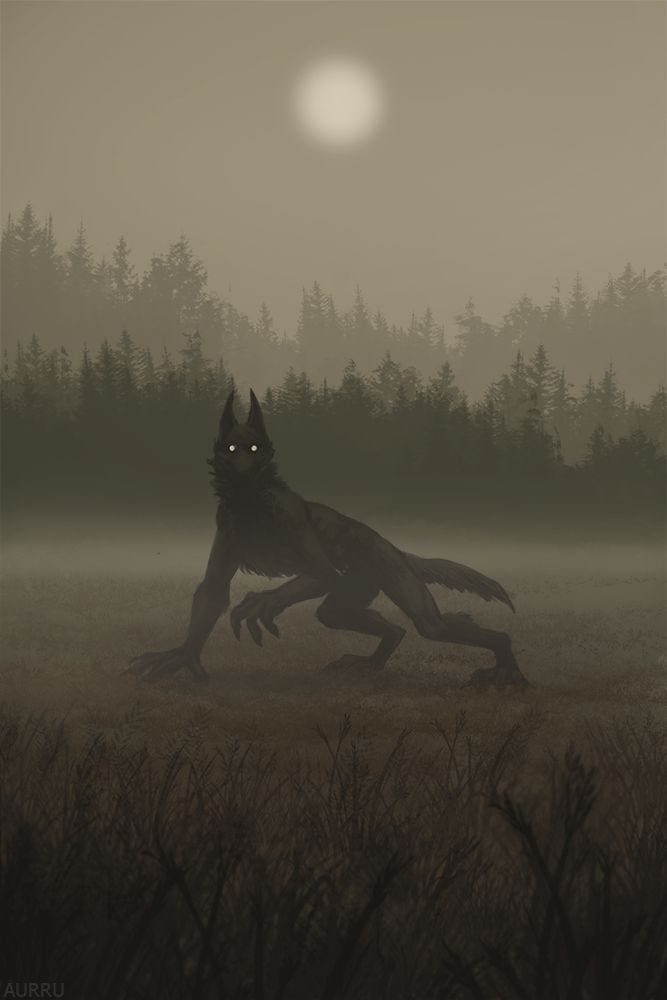 This may contain: a black wolf running across a grass covered field in front of a forest at night