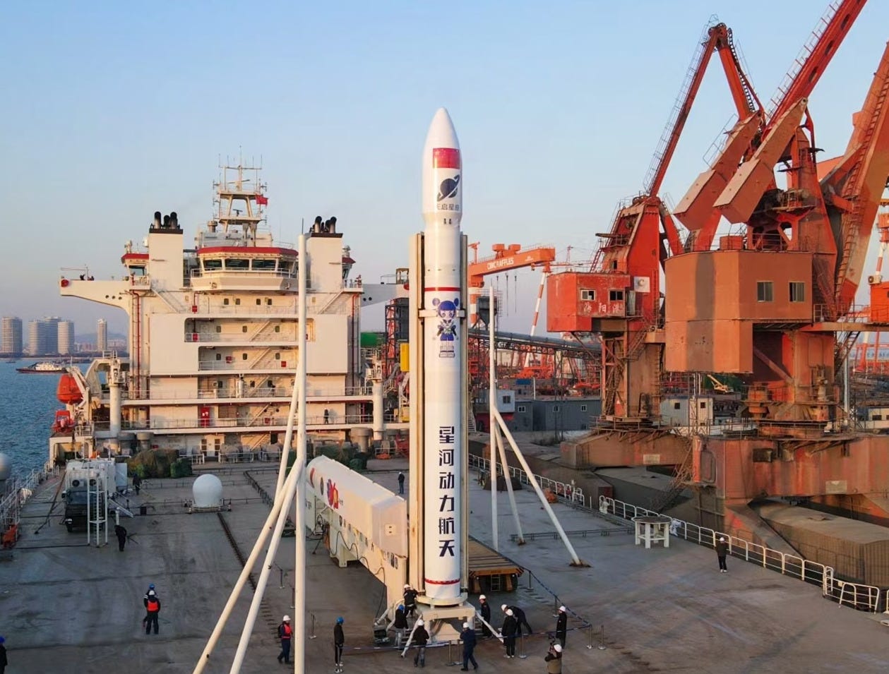 The Ceres-1S Y4 vehicle on the Dongfang Hangtiangang launch platform prior to the vessel sailing to the launch location. The Ceres-1S Y4 vehicle on the Dongfang Hangtiangang launch platform prior to the vessel sailing to the launch location.