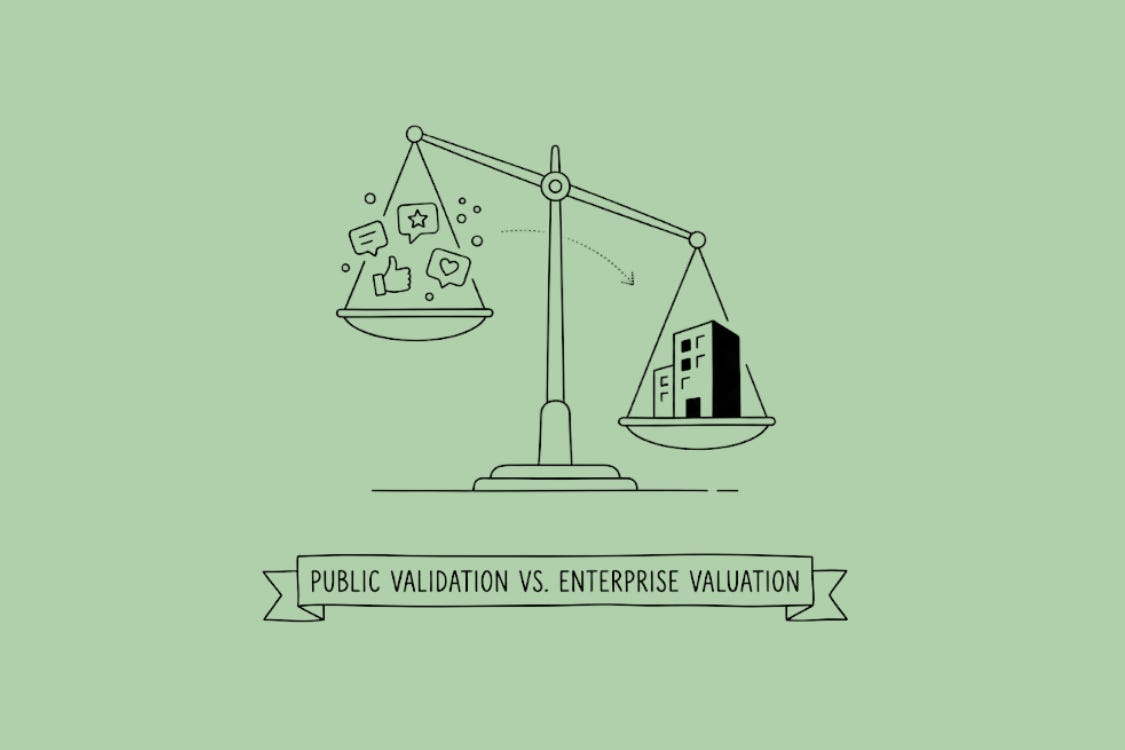 Minimalist hand-drawn illustration of a scale contrasting light public validation metrics with heavy enterprise valuation assets in B2B branding. Minimalist hand-drawn illustration of a scale contrasting light public validation metrics with heavy enterprise valuation assets in B2B branding.