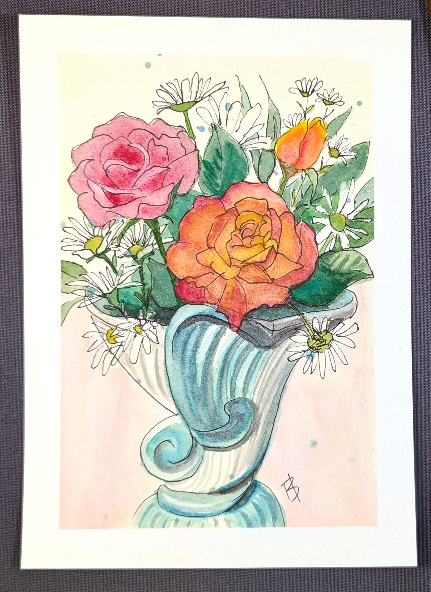 painting of a colorful bouquet of flowers in a vintage ceramic vase.