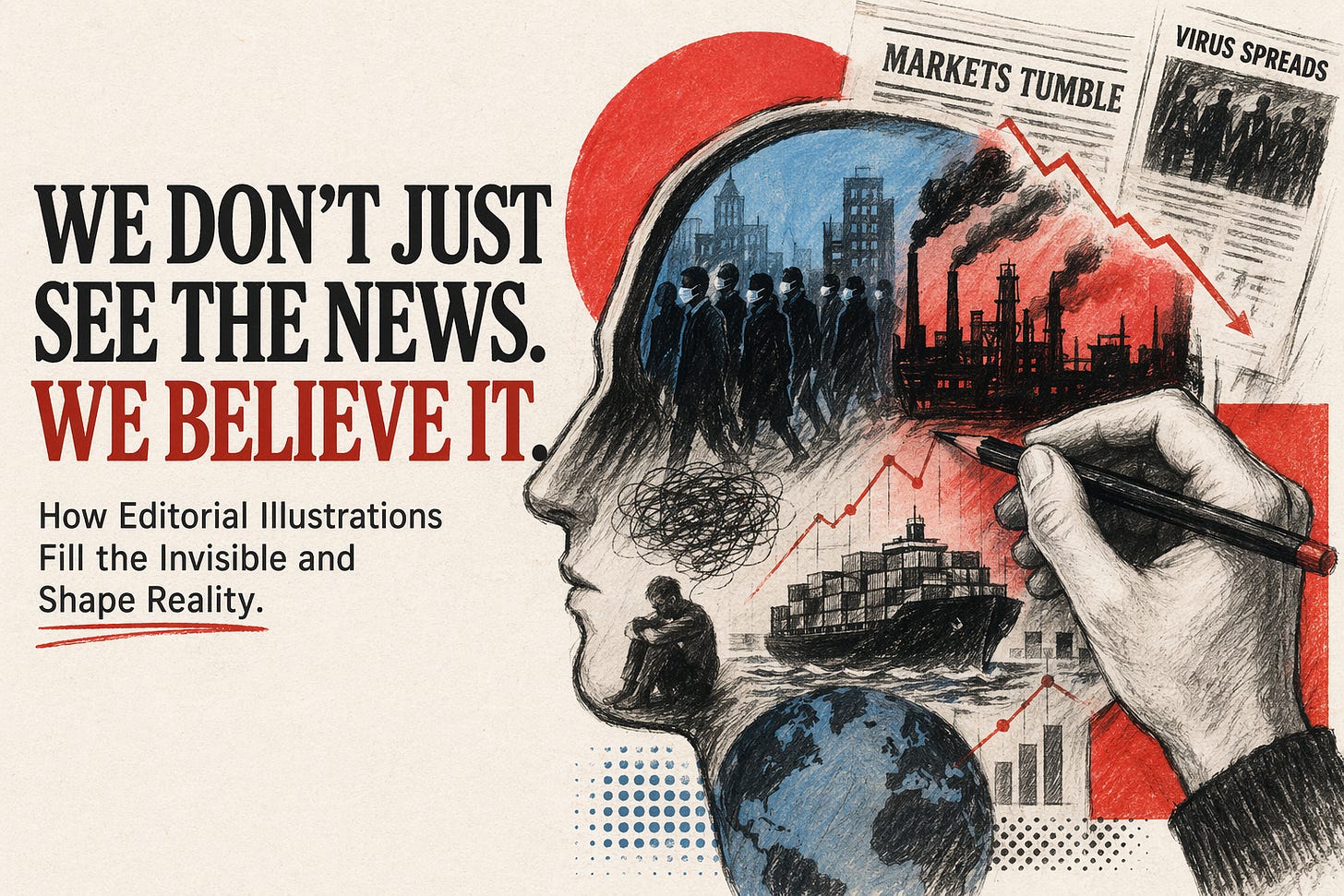 Editorial illustration with a magnifying glass over news, crowds, and a sketched city