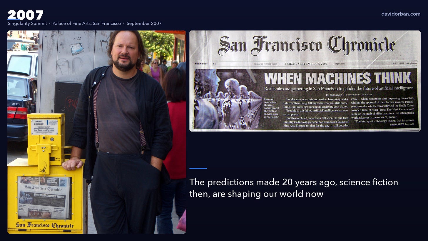 A two-photo collage from September 2007. David Orban stands on a San Francisco pavement beside a yellow San Francisco Chronicle vending box headlined “When Machines Think”, with a close-up of that front page dated Friday September 7, 2007.