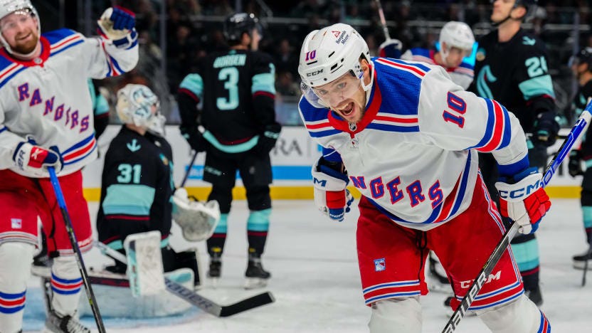 Panarin celebrates a goal on the road.