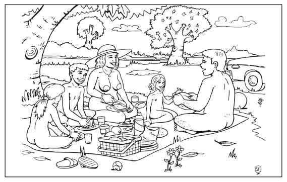 Line drawing of a nude family enjoying a picnic under a tree. Parents and children sit on a blanket with food and drinks, smiling and sharing a meal together. A car is parked in the background, and flowers and trees frame the scene. Line drawing of a nude family enjoying a picnic under a tree. Parents and children sit on a blanket with food and drinks, smiling and sharing a meal together. A car is parked in the background, and flowers and trees frame the scene.