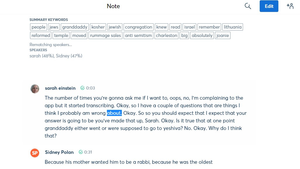 A screenshot of an Otter interview showing how it tags key words, differentiates speakers, and highlights the part of the as you play the audio.