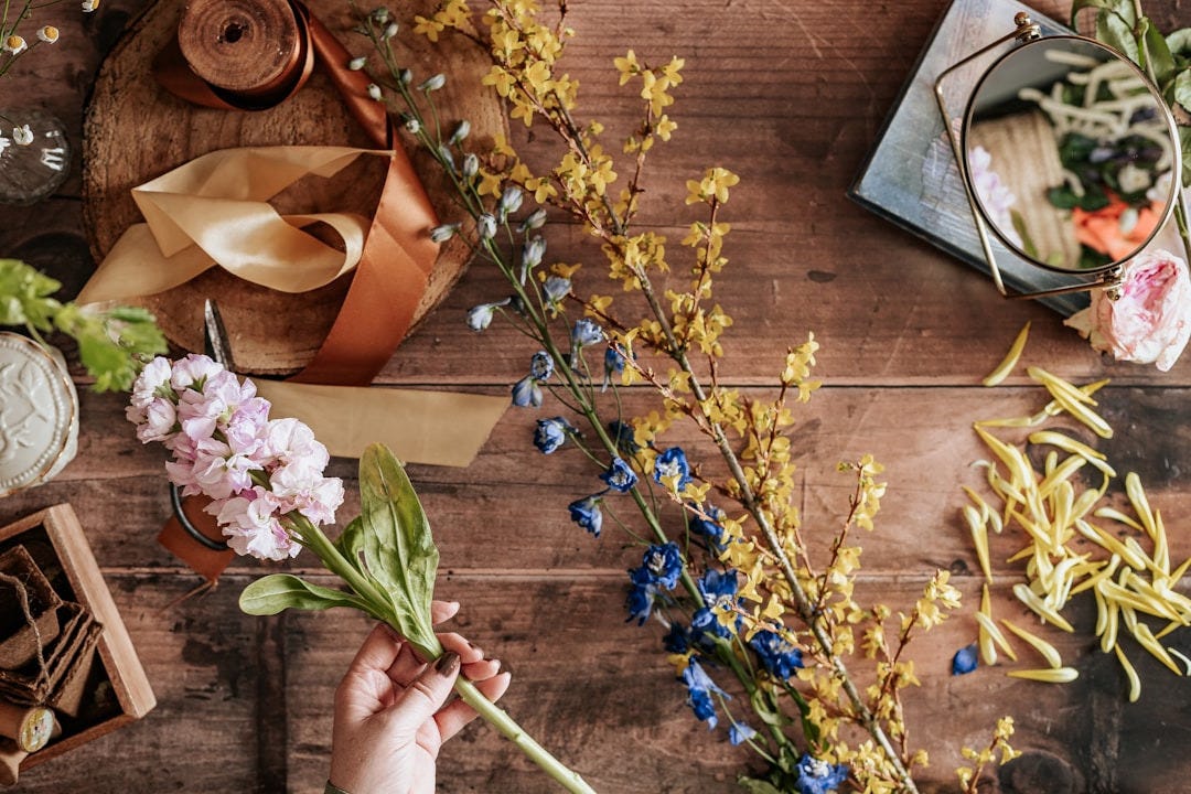 person holding blue and white flowers