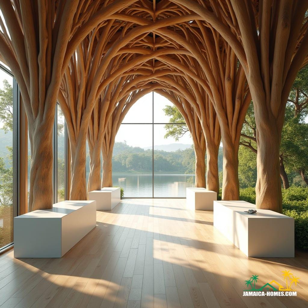 An interior design of a modern architectural space featuring a series of intricate wooden arches that resemble tree branches supporting the ceiling. The structure has expansive floor-to-ceiling glass windows that provide a stunning view of a serene lakeside landscape with lush greenery. The flooring is light wood, complementing the natural aesthetic of the structure. Include minimalistic, modern white desks placed along the interior, designed to harmonize with the organic and airy feel of the space. The setting is illuminated by soft natural light streaming through the windows, enhancing the warmth and elegance of the wooden elements. The overall atmosphere evokes calmness, innovation, and a seamless blend of architecture and nature in Jamaica, Caribbean.