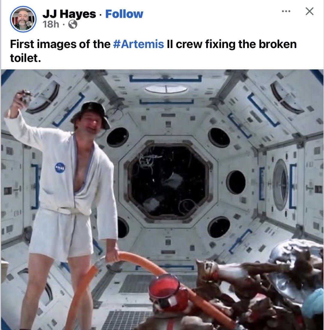 May be a meme of tinfoil and text that says 'JJ Hayes 18h Follow First images of the #Artemis II crew fixing the broken toilet.' May be a meme of tinfoil and text that says 'JJ Hayes 18h Follow First images of the #Artemis II crew fixing the broken toilet.'