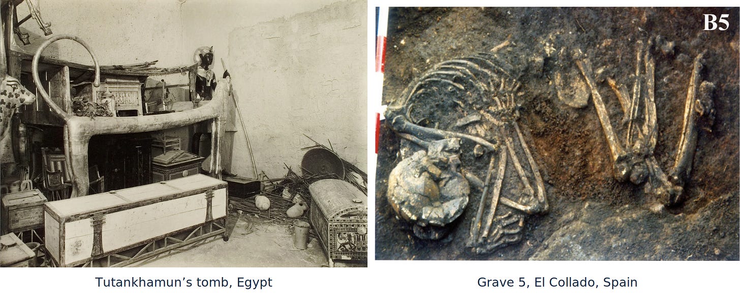 Side-by-side archaeological photographs: Tutankhamun’s tomb filled with furniture and objects on the left; unfurnished Mesolithic Grave 5 at El Collado, Spain, with a flexed skeleton on the right. Side-by-side archaeological photographs: Tutankhamun’s tomb filled with furniture and objects on the left; unfurnished Mesolithic Grave 5 at El Collado, Spain, with a flexed skeleton on the right.