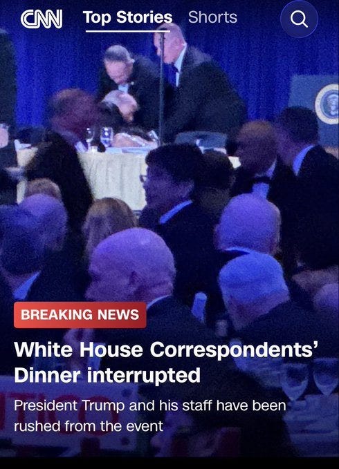 Μπορεί να είναι μια εικόνα του Οβάλ Γραφείου και κείμενο που λέει «CNN Top Stories Shorts BREAKING NEWS Το δείπνο των ανταποκριτών του Λευκού Οίκου διέκοψε τον Πρόεδρο Τραμπ και το προσωπικό του έσπευσαν να φύγουν από την εκδήλωση»