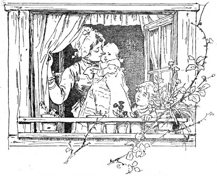 This may contain: an old black and white drawing of a woman holding a child in front of a window