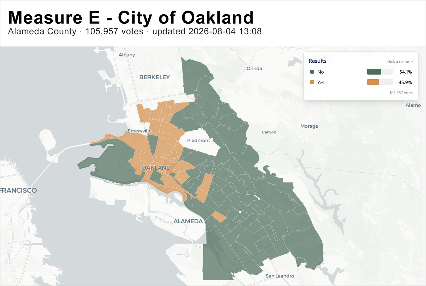 Figure 1. Oakland Measure E election results by precinct. (Data source: Alameda County Registrar of Voters. Visualization: Political Data, Inc.)