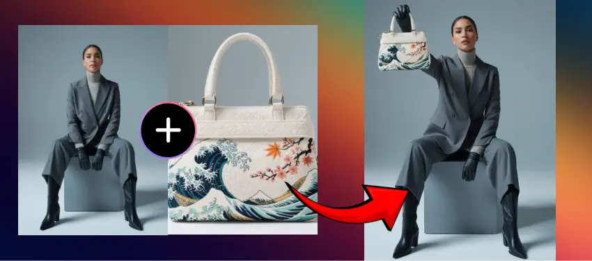 AI-edited photo of a woman holding a designer handbag featuring a wave art print using Google Nano Banana.