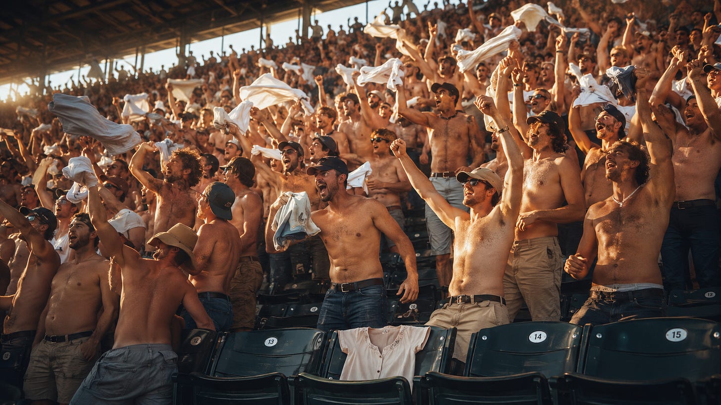 A large stadium crowd of shirtless male fans cheers and waves white shirts in the air during a summer baseball game. In the foreground, a light-colored blouse is draped over an empty stadium seat, contrasting with the shirtless crowd and visually underscoring the post’s theme of gendered double standards.