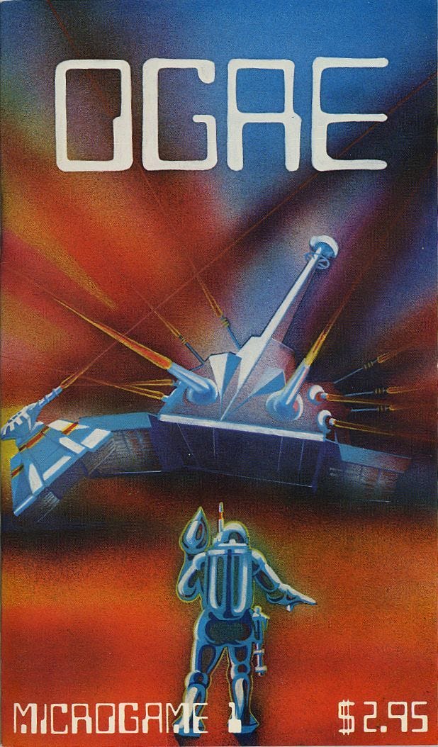 Ogre cover showing a man facing down a futuristic giant war tank