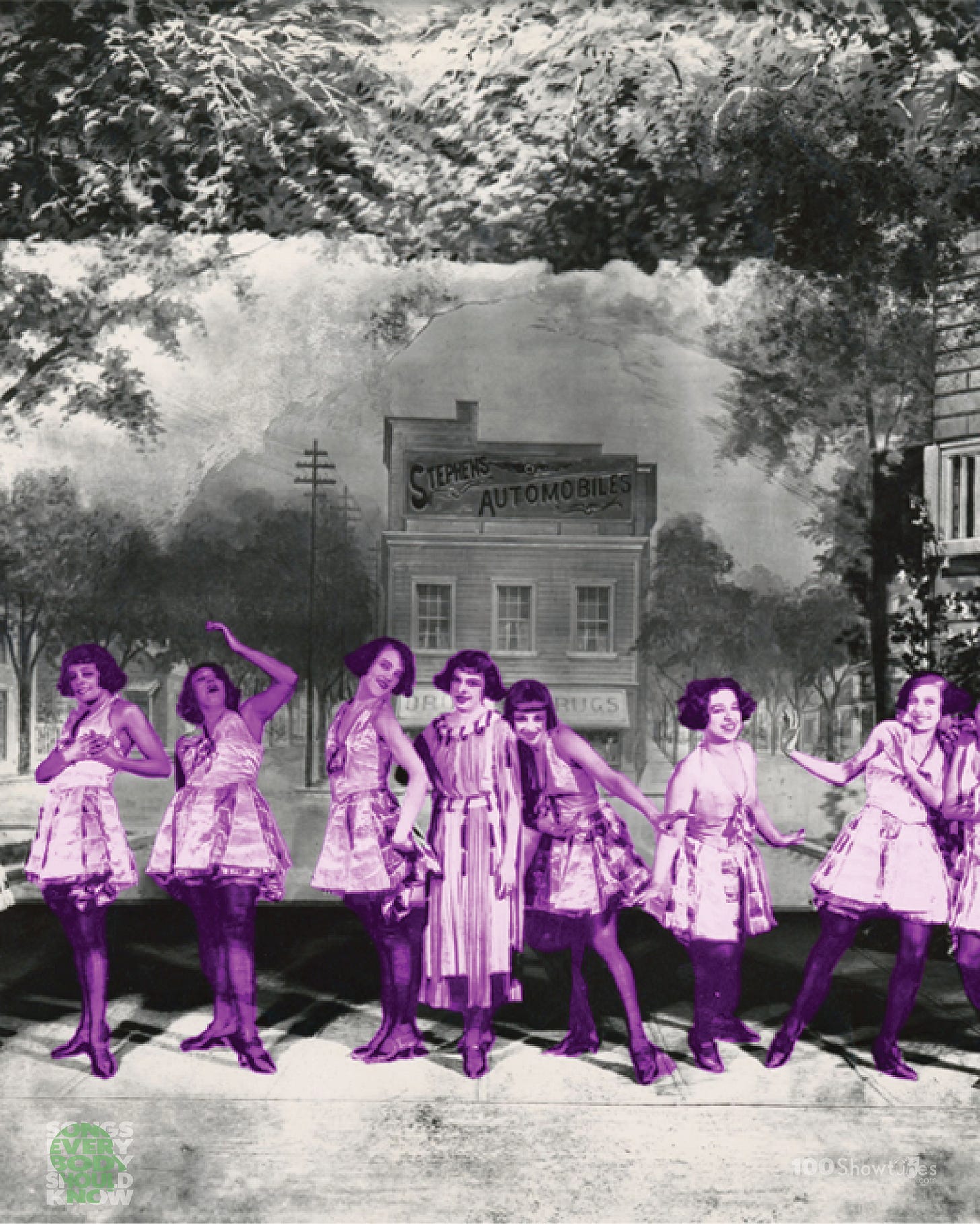 A tinted photo of a line of chorines from the original Broadway production of Shuffle Along by Eubie Blake, Noble Sissle, Flournoy Miller, and Aubrey Lyles.