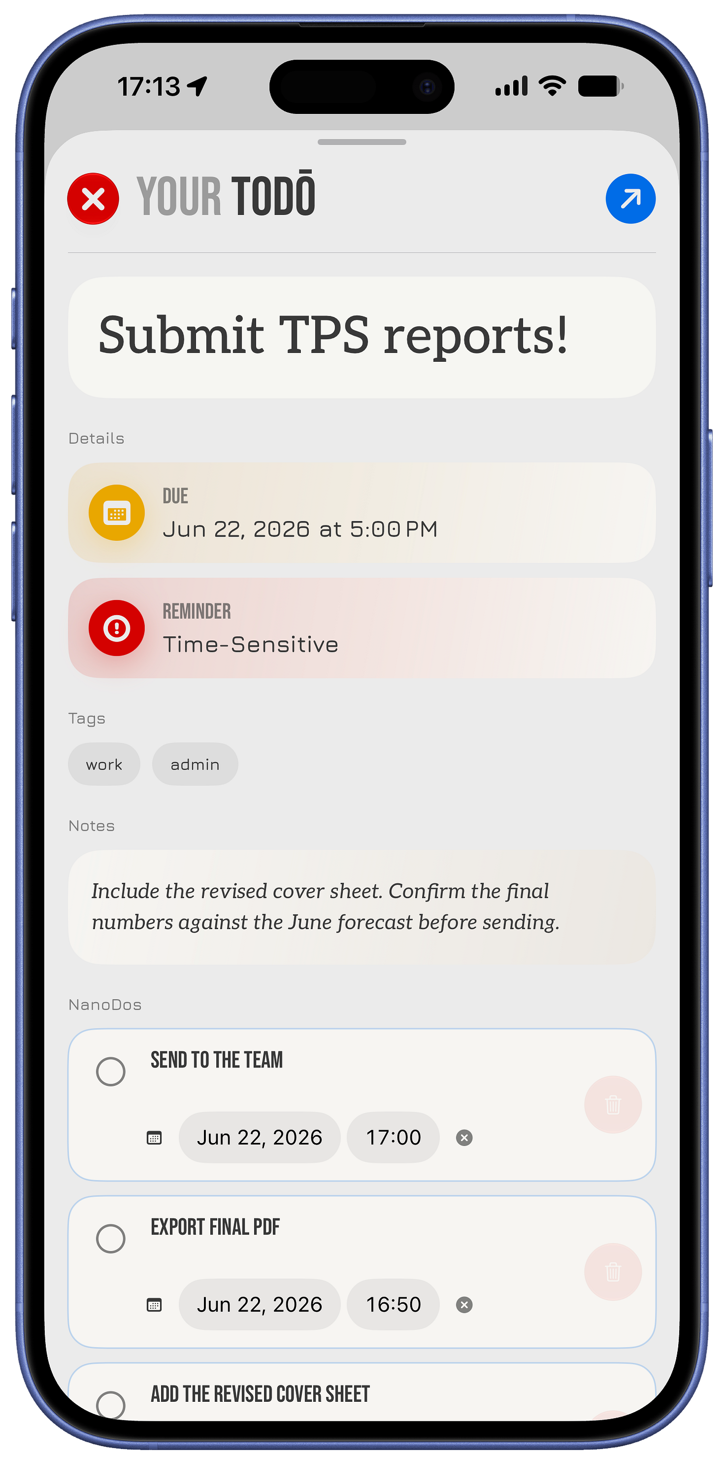 toDō detail screen on iPhone for “Submit TPS reports!” showing a due date, Time-Sensitive reminder, work and admin tags, a note, and NanoDos with individual due dates and times.