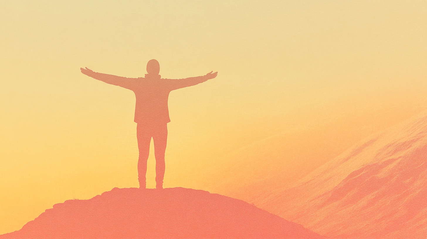A lone figure standing atop a hill at sunrise, arms outstretched, bathed in golden light, symbolizing newfound hope --ar 16:9 --profile tynkygs A lone figure standing atop a hill at sunrise, arms outstretched, bathed in golden light, symbolizing newfound hope --ar 16:9 --profile tynkygs