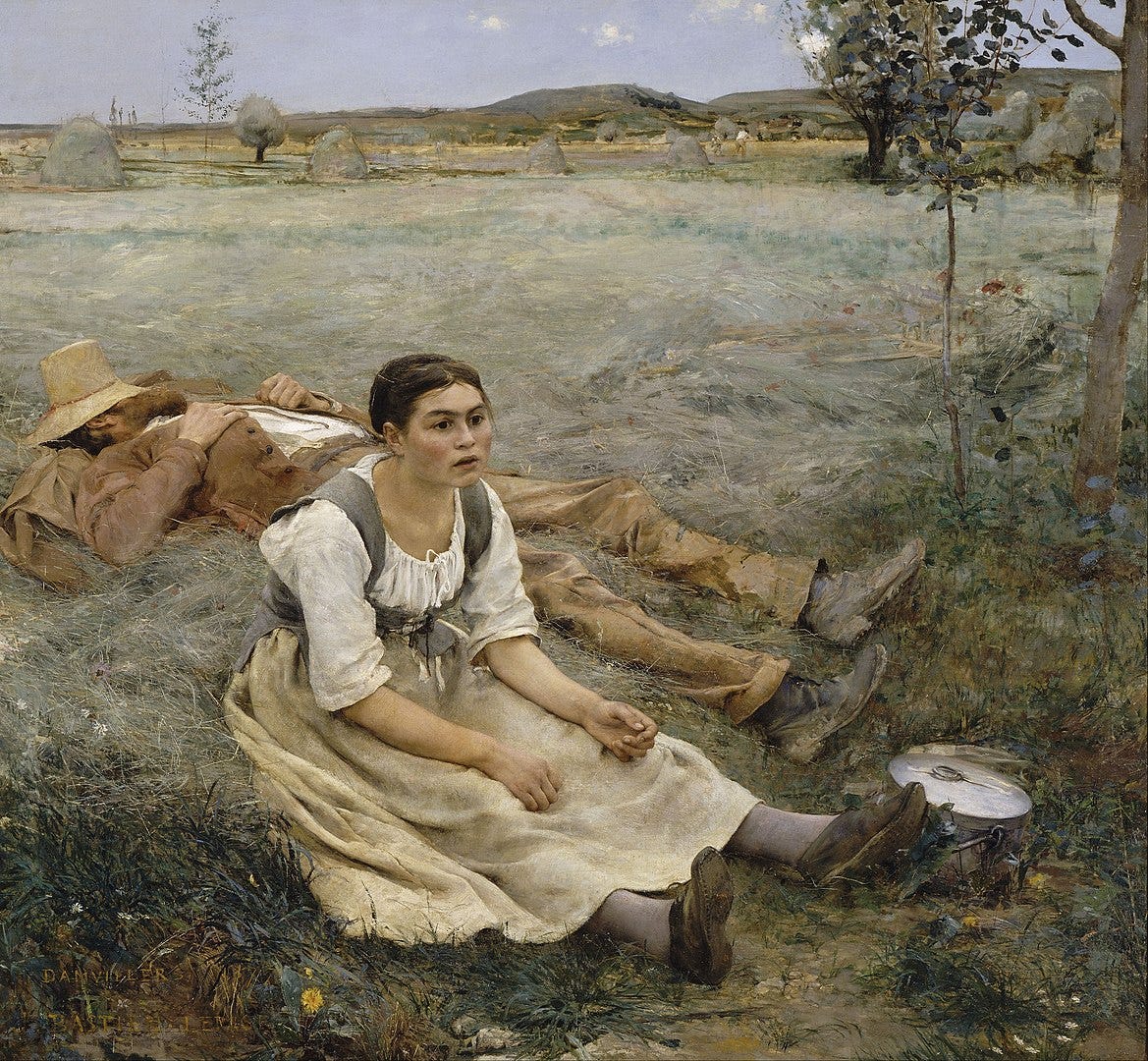 A imagem representa camponeses, um homem e uma mulher, que descansam do trabalho duro. O homem está deitado na grama cortada, com o rosto escondido por um chapéu de palha, que permite ver a barba dele, mas não o topo do rosto. A jovem camponesa está sentada, mas sua pose e a expressão de seu rosto expressam sua extrema exaustão. Observe a composição fotográfica da tela: a linha do horizonte está localizada bastante alta, de modo que a maior parte da tela é ocupada em segundo plano por grama cortada e rebolos, o céu sendo visível apenas em uma pequena tira de lona