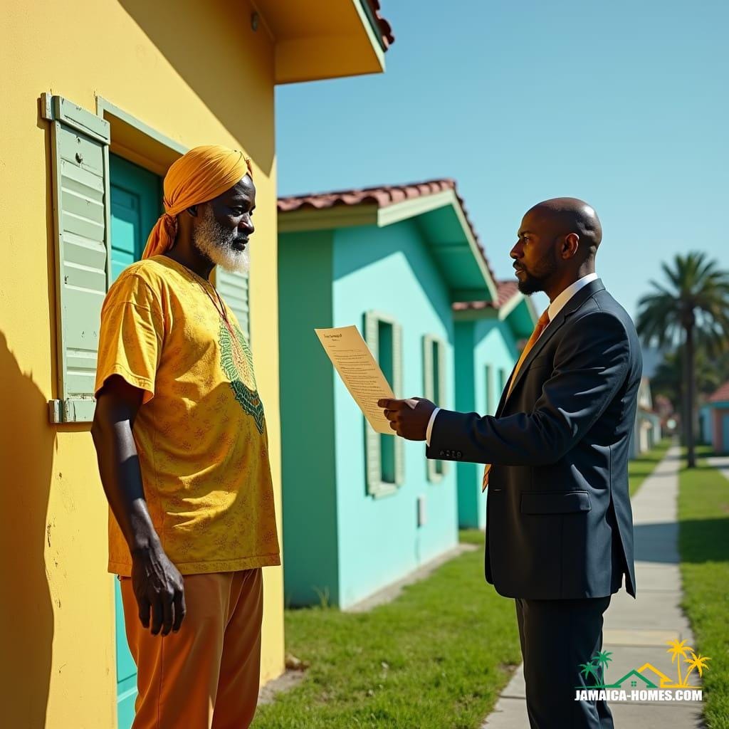 Elderly Jamaican man, wearing a vibrant yellow dashiki and turban, standing in front of his brightly painted house, now a bold turquoise, amidst a row of identical pastel-hued homes in a modern suburban community, as a suited community manager, with a disapproving expression, hands him a cease and desist letter, dramatic tension palpable, cinematic lighting casting long shadows