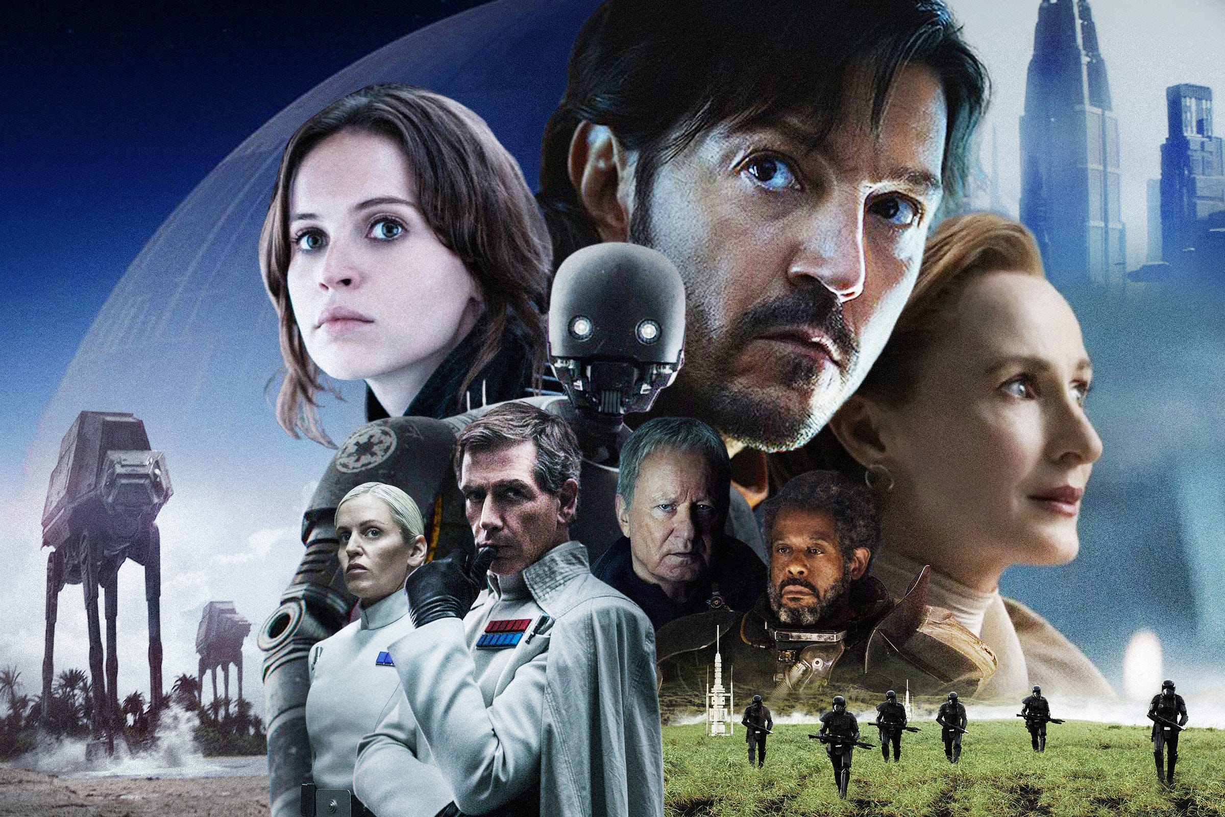 Photo illustration collage of various characters from the movie Rogue One and the Disney+ series, Andor