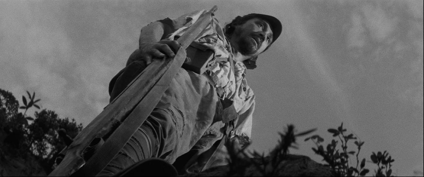 Fires on the Plain | Still features Eiji Funakoshi as Tamura, from down-up point of view. Fires on the Plain | Still features Eiji Funakoshi as Tamura, from down-up point of view.