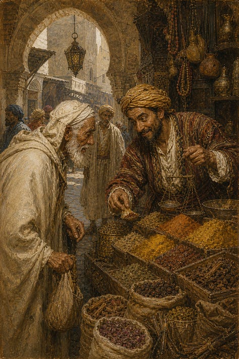 Three images from a Maghrebi-inspired visual series: a warm spice market, an elegant woman accompanied by attendants, and a ceremonial palace feast, all rendered with ornate textiles, metalwork, arches, carpets, and Islamic-inspired decorative details.