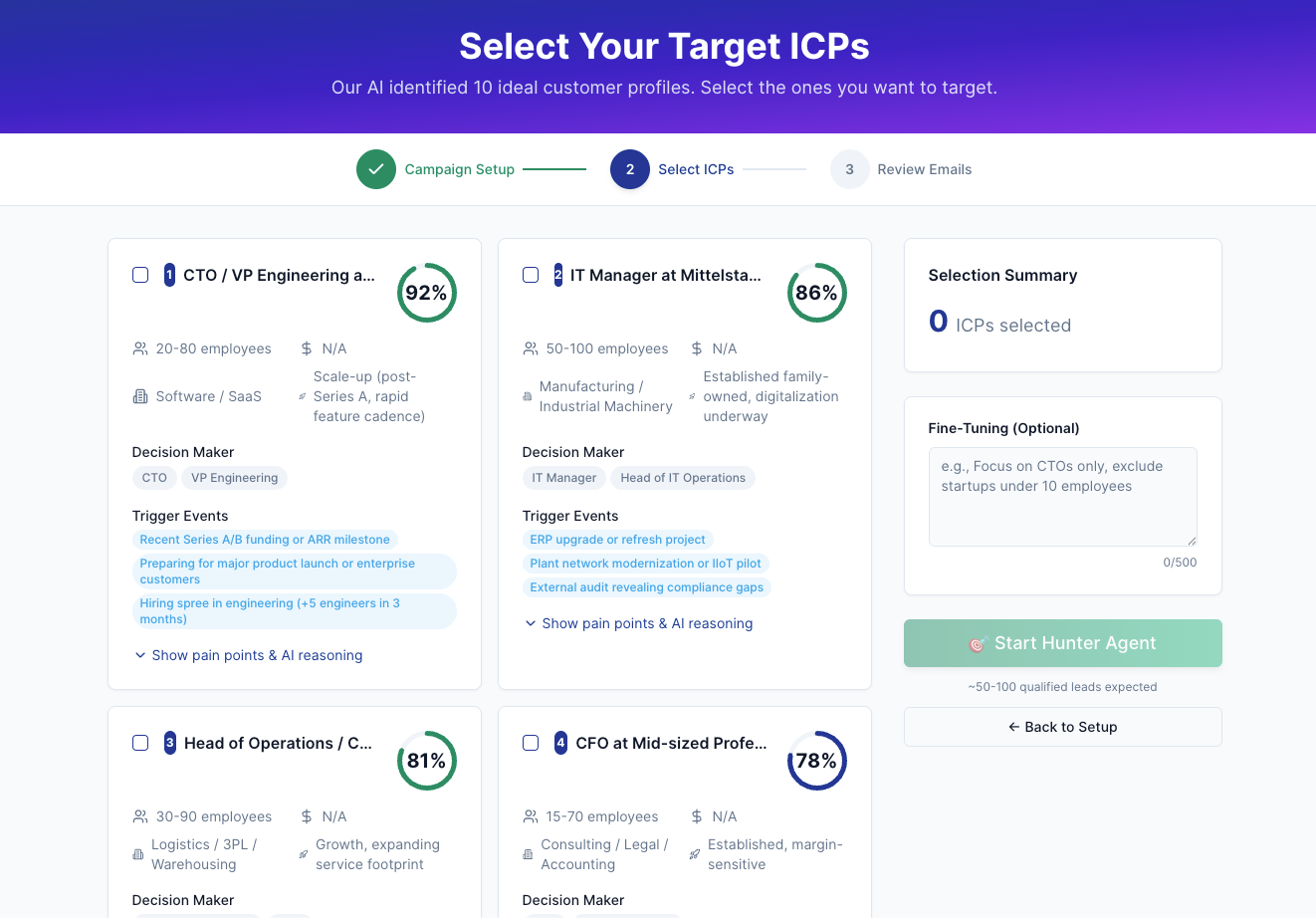 Hunter-spark ICP selection screen showing AI-identified ideal customer profiles for CTO/VP Engineering (92% match), IT Manager at Mittelstand (86% match), Head of Operations (81% match), with trigger events, decision makers, and Start Hunter Agent button Hunter-spark ICP selection screen showing AI-identified ideal customer profiles for CTO/VP Engineering (92% match), IT Manager at Mittelstand (86% match), Head of Operations (81% match), with trigger events, decision makers, and Start Hunter Agent button