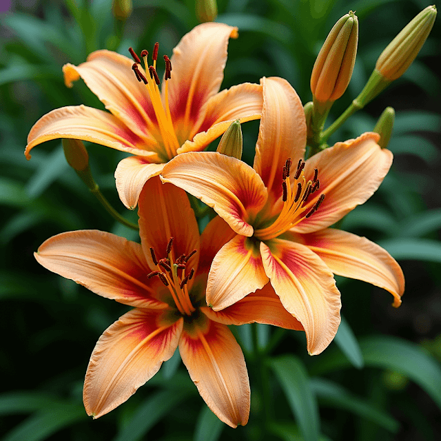 Tips to Prevent Mistakes While Growing Asiatic Lilies Cluster of orange Asiatic lilies with dark red centers in a green garden.