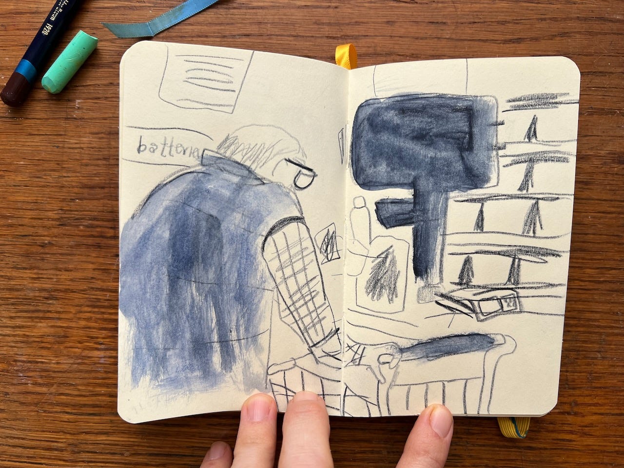 sketch of a man with a grocery cart by Beth Spencer