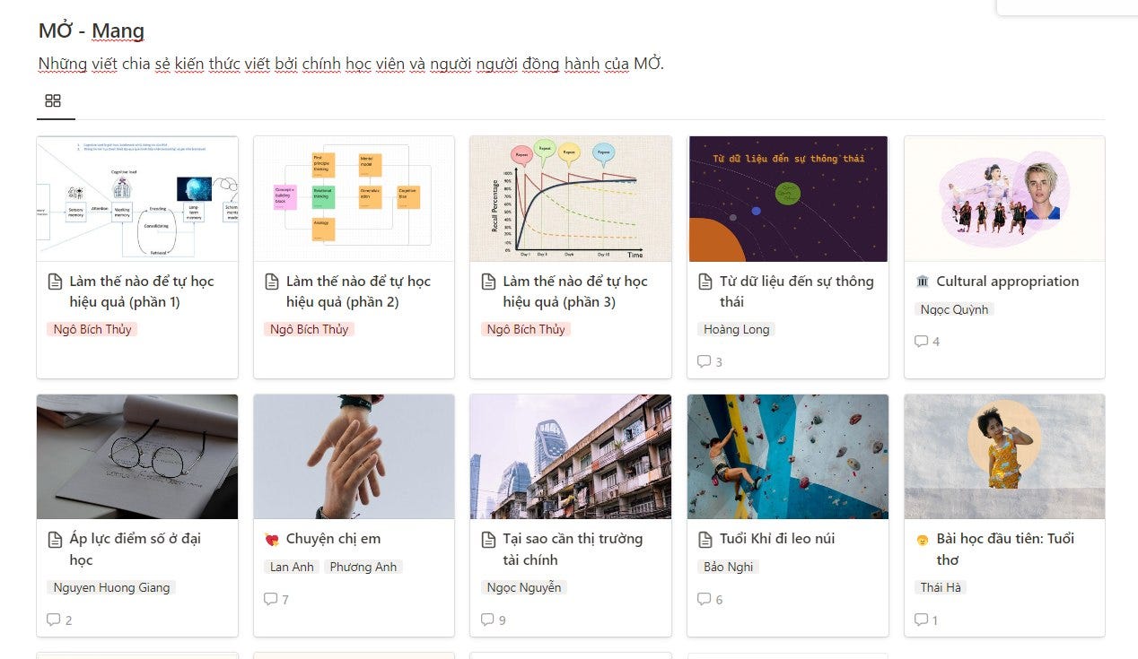Có thể là tác phẩm nghệ thuật đại chúng về 2 người và văn bản cho biết 'MỞ Mang Những viết chia sẻ kiến thức viết bởi chính học viên người người đ‘ồng hành của MỞ. Làm thế nào đểtu học hiệu quả (phần 1) Bích Làm thế nào đểtự học hiệu quả (phần Thủy Làm thế nào để hiệu quả (phần Ngô Bích Từdü liệu đến sự thông thái Hoàng Long 血 Cultural appropriation Ngọc Quỳnh 口3 04 điểm sá» đại Nguyen Huong Giang Chuyện chị em Phương Anh ロ7 cần thị trường chính Ngọc Nguyễ»…n 09 Tuổi Khỉ leo núi Bảo Nghi 06 học đầu tiên: Tuổi thơ TháiHà'