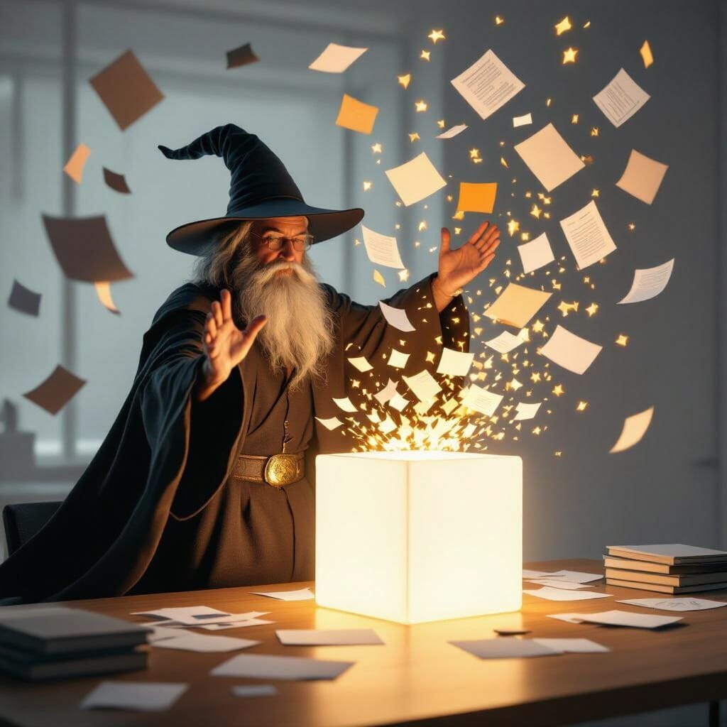 A wizard-like figure in modern clothing standing over a desk. They are surrounded by a whirlwind of flying papers (PDFs,...