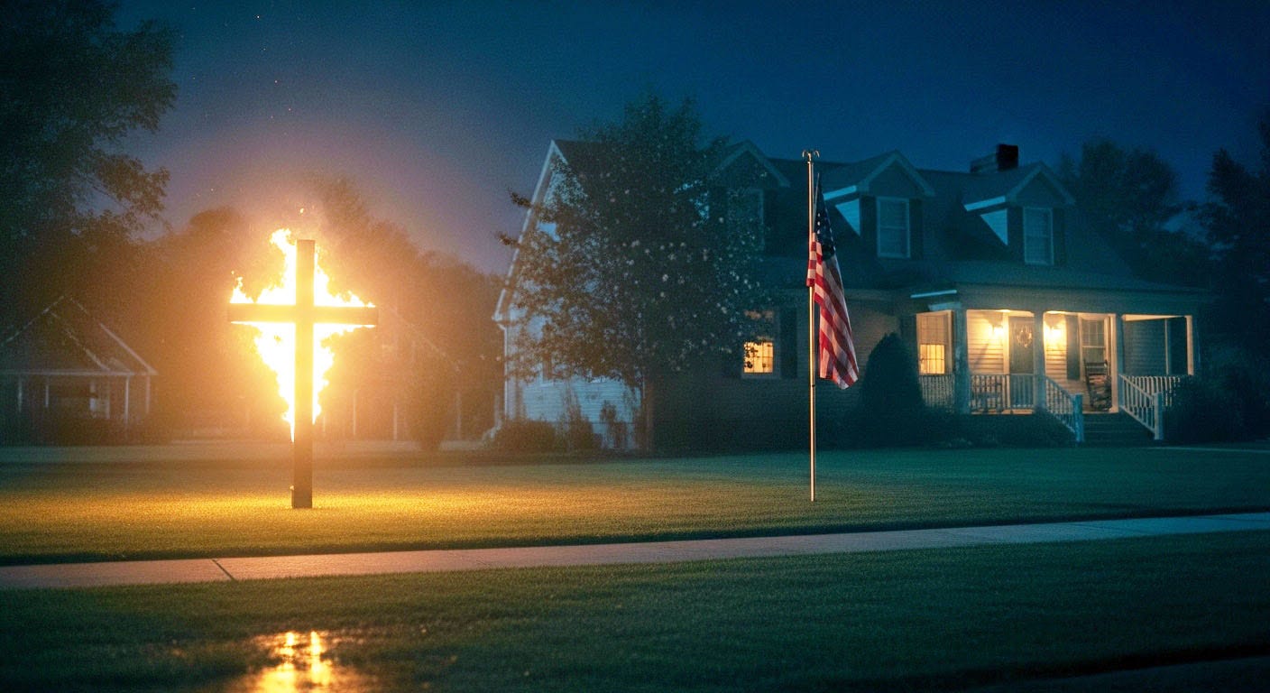 A glowing wooden cross in a dark suburban yard, its light reflecting on an American flag, symbolizing the hidden face of domestic extremism.