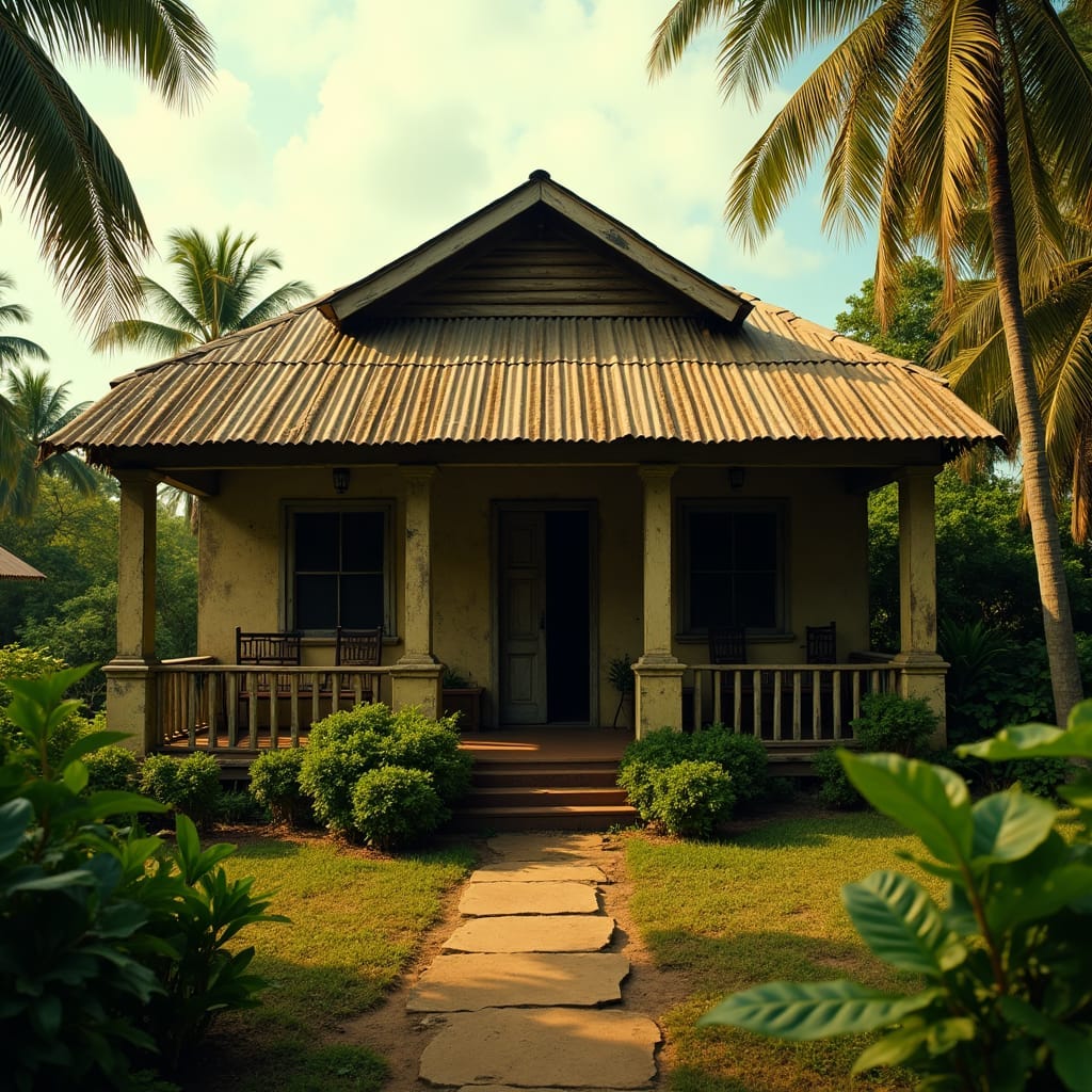 A rustic Jamaican house with a classic gabled roof, set against a lush tropical backdrop, warm golden light casting long shadows across the facade, cinematic film grain and subtle vignette adding depth and atmosphere