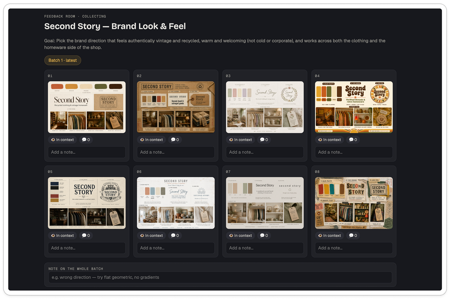 Creative Feedback Loop room comparing eight moodboard directions for Second Story, a vintage clothing and homeware store.
