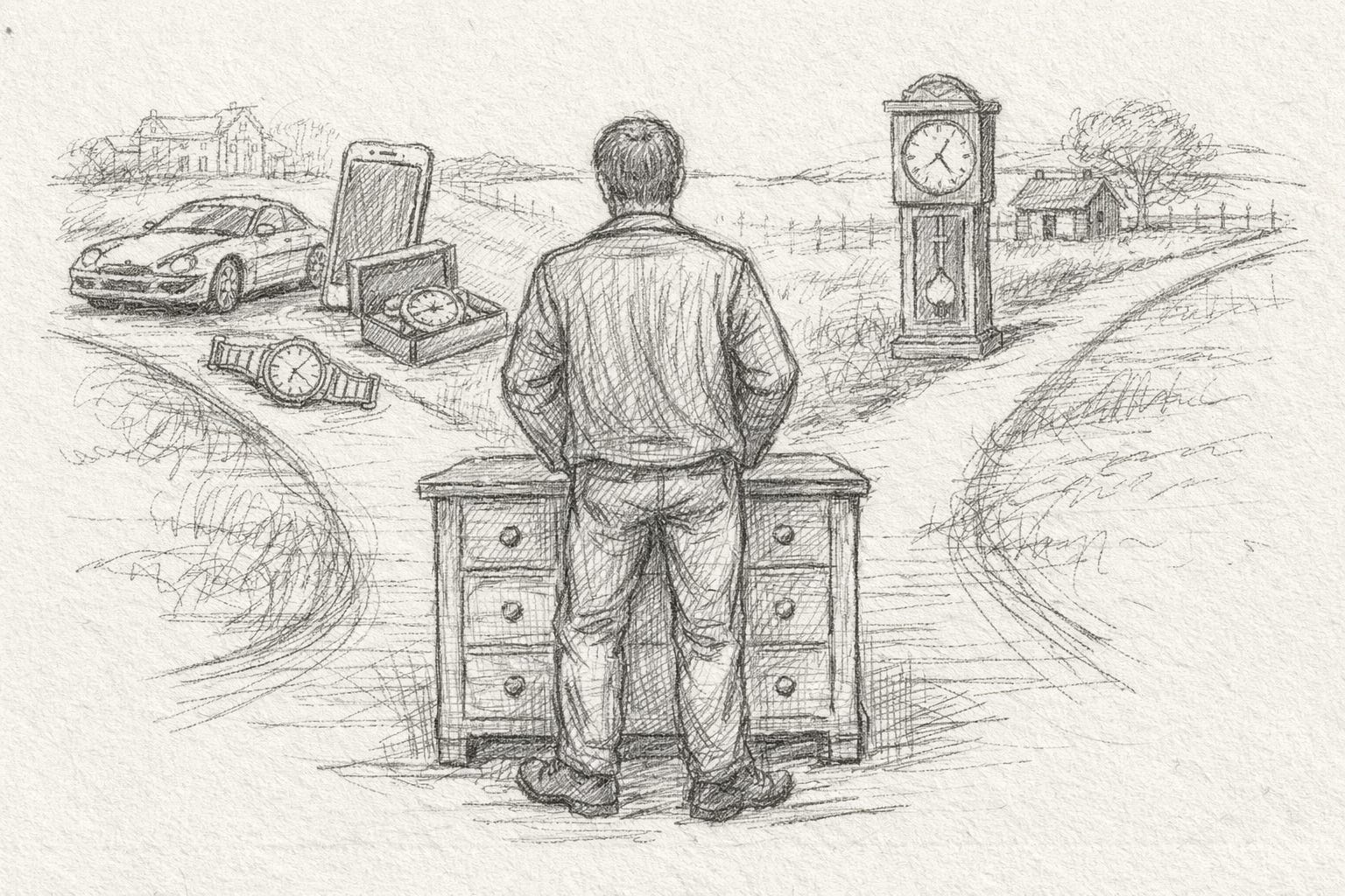 Man standing at a crossroad between material riches and riches in time. Man standing at a crossroad between material riches and riches in time.