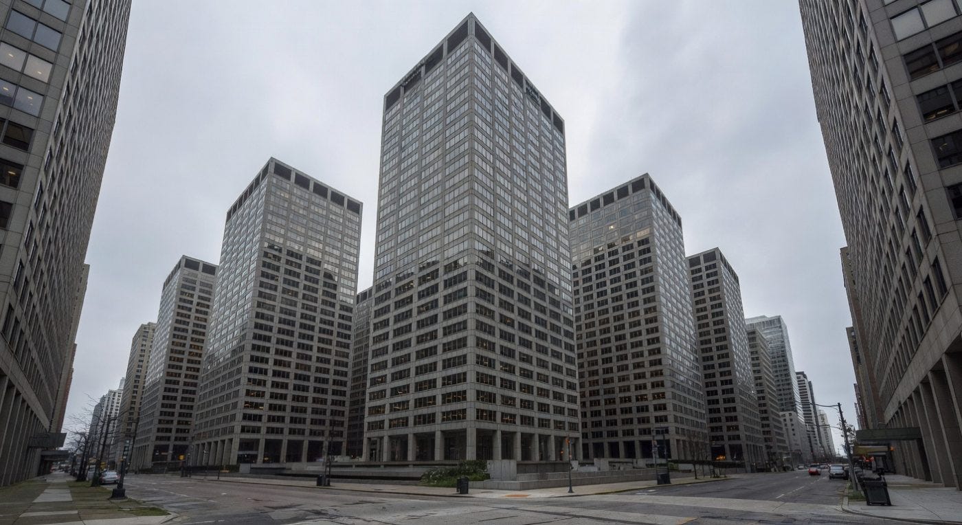 Modern high-rise office buildings and skyscrapers in urban downtown business district
