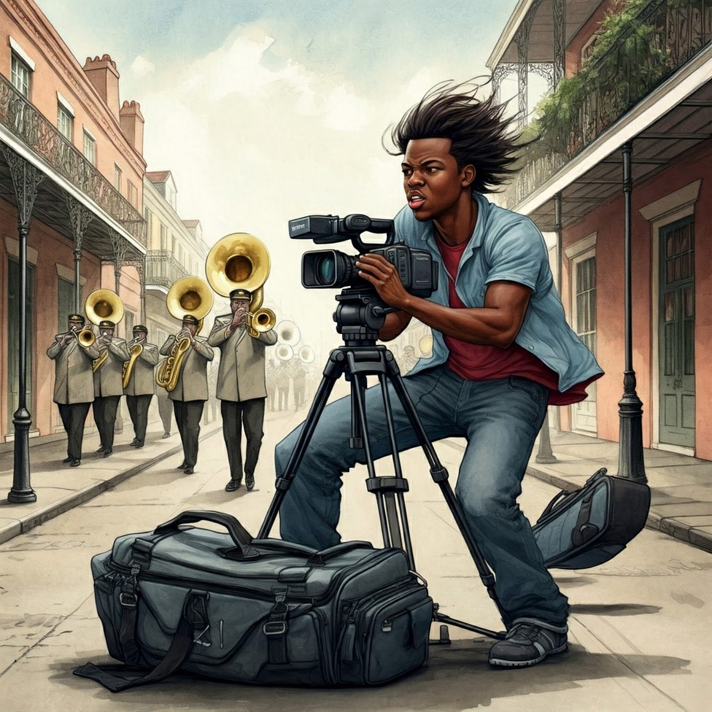 Image of NOLA camera man on the street dealing with bad weather with marching band in background. Image of NOLA camera man on the street dealing with bad weather with marching band in background.