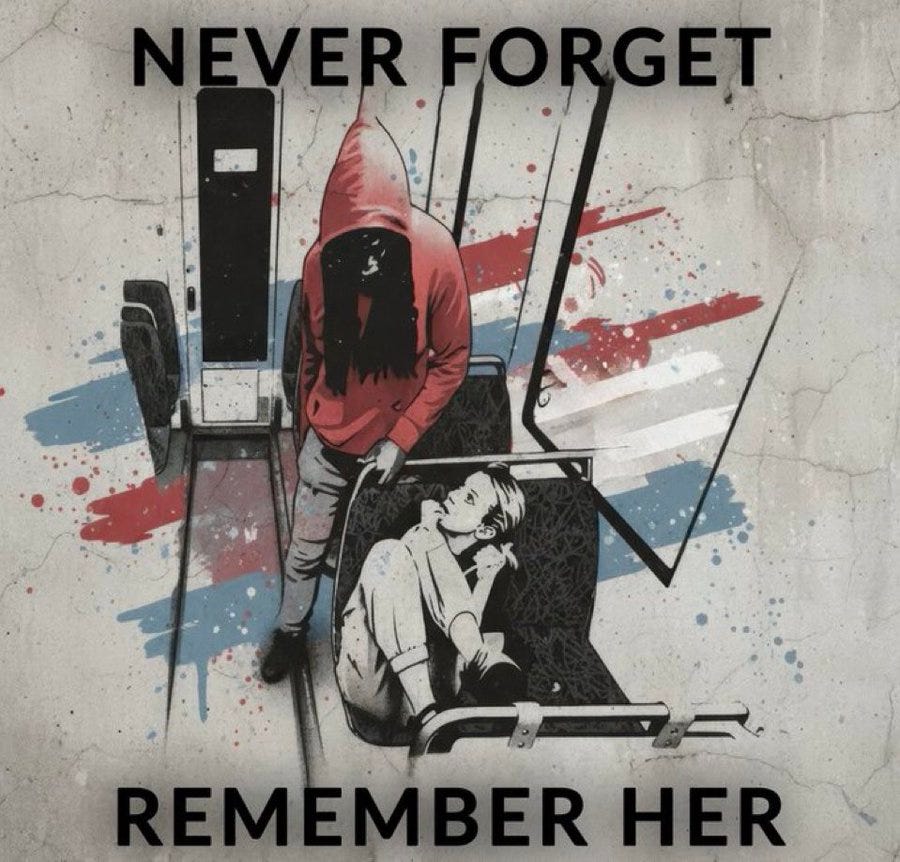 A stylized black-and-white drawing of a hooded figure in a red hoodie standing over a seated person on a bus, with red and blue paint splashes in the background. The text "NEVER FORGET" is at the top, and "REMEMBER HER" is at the bottom.
