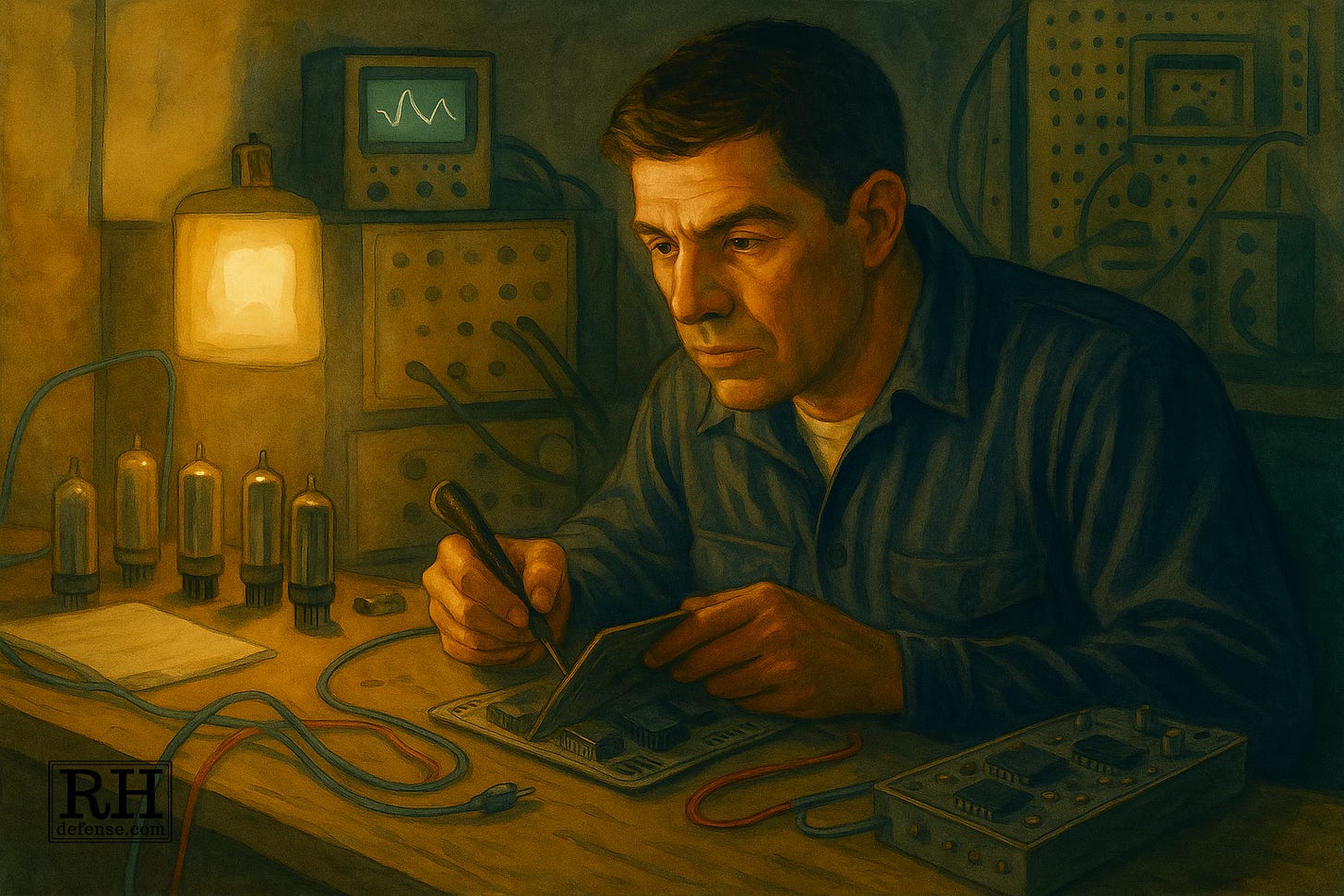 A 1950s-style illustration of a focused man in a blue work shirt repairing an electronic circuit under warm lamplight, surrounded by vacuum tubes and oscilloscopes in a small lab.