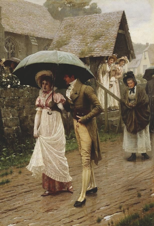 This may contain: a painting of people standing on a cobblestone road in the rain with umbrellas