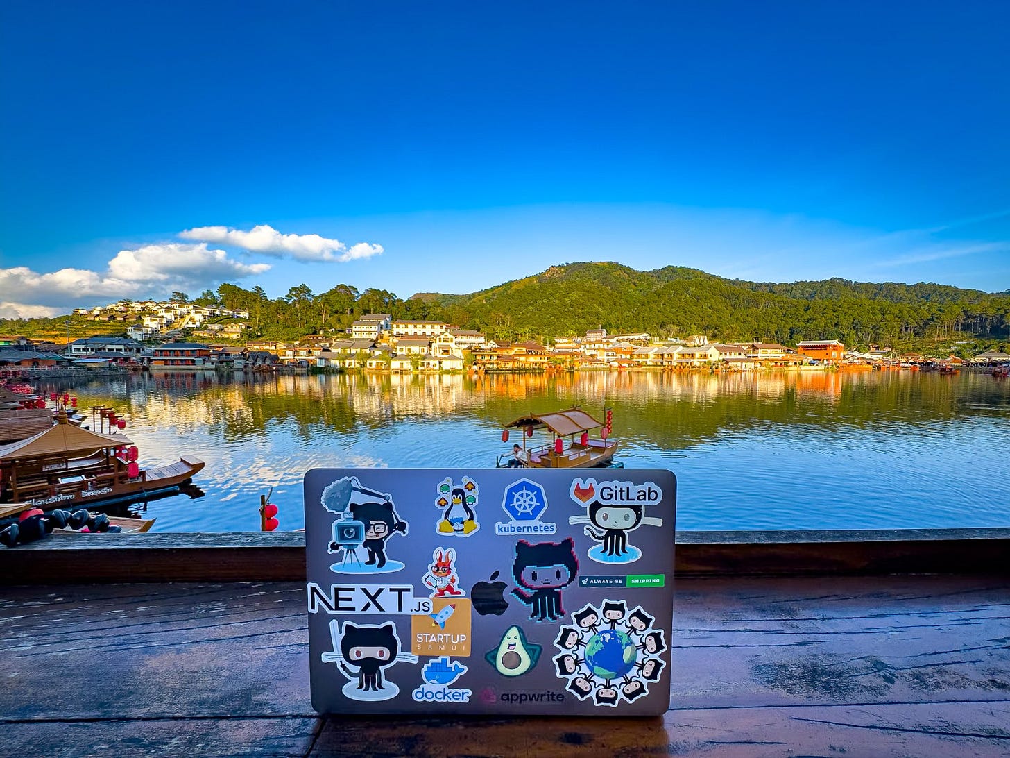 Laptop on the lake in northern Thailand