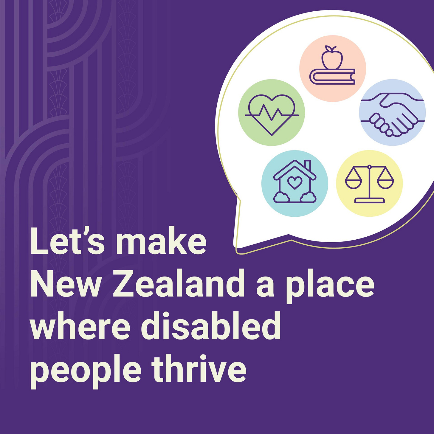 whaikaha purple with text, lets make nz a place where disable people thrive, and the 5 key outcome area logos
