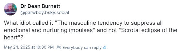 What idiot called it "The masculine tendency to suppress all emotional and nurturing impulses" and not "Scrotal eclipse of the heart"?
