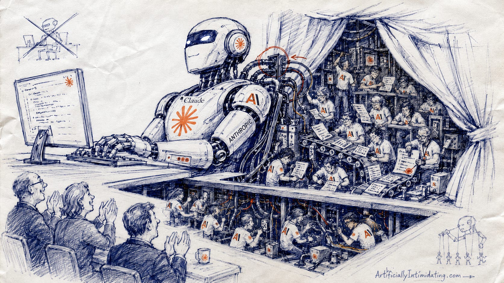 A hand-drawn blue-ink editorial cartoon shows a large Claude/Anthropic-branded robot sitting at a desk and typing code while executives applaud in front of it. Behind the robot, a theater curtain is pulled open to reveal a crowded hidden factory of human engineers in branded T-shirts reviewing code, stamping papers, feeding documents onto conveyor belts, and wiring corrections into the robot’s back. The image suggests that the polished AI coding tool depends on a large invisible workforce of human software engineers.