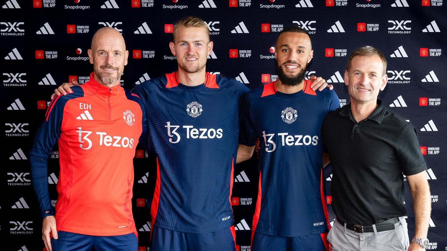 Erik ten Hag, Matthijs de Ligt, Noussair Mazraoui and Dan Ashworth Erik ten Hag, Matthijs de Ligt, Noussair Mazraoui and Dan Ashworth