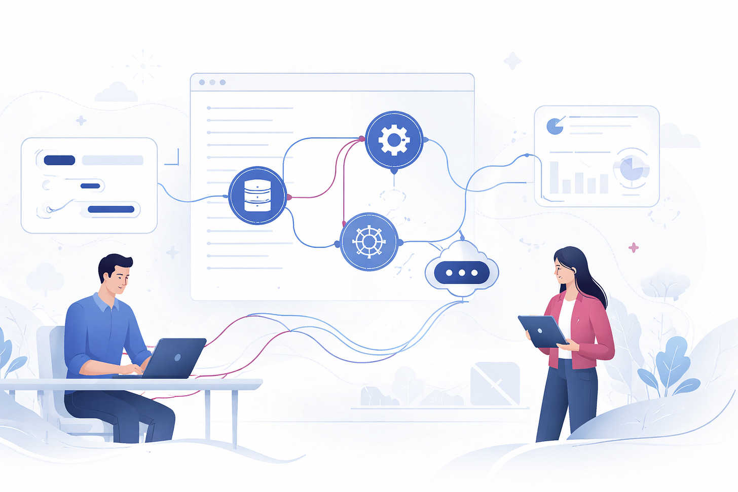 a Java codebase represented as connected nodes and flowing lines, with developers interacting across a shared system