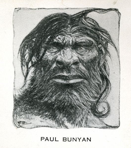 Reproduction of a drawing of a wild-looking Paul Bunyan. Reproduction of a drawing of a wild-looking Paul Bunyan.